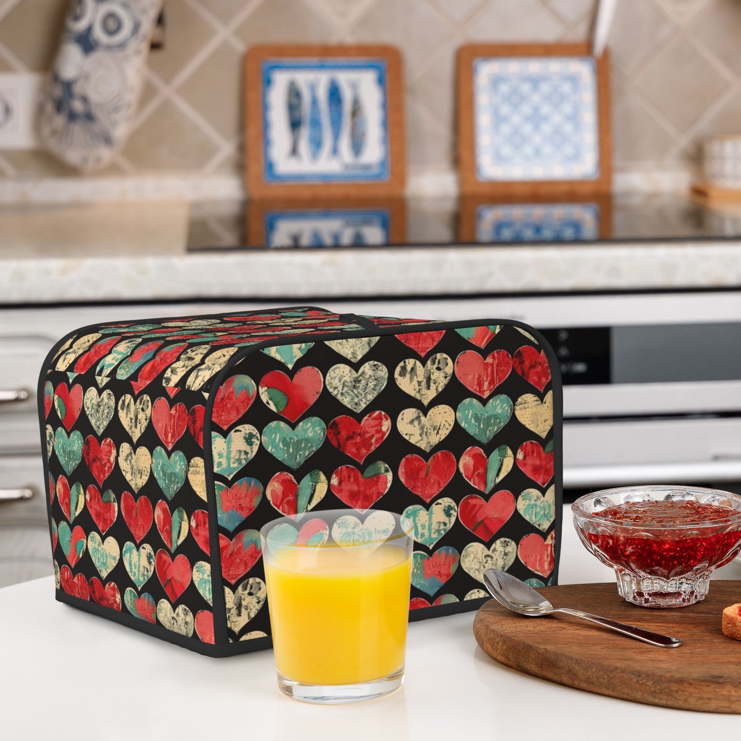 Vintage Heart Pattern Toaster Cover – Fits 4-Slice Toasters – Dustproof Oil-Resistant Small Appliance Cover – 31.5×27×21cm