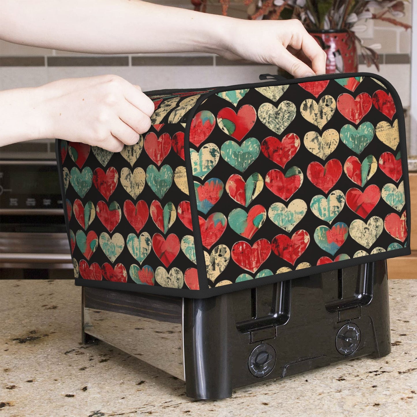Vintage Heart Pattern Toaster Cover – Fits 4-Slice Toasters – Dustproof Oil-Resistant Small Appliance Cover – 31.5×27×21cm