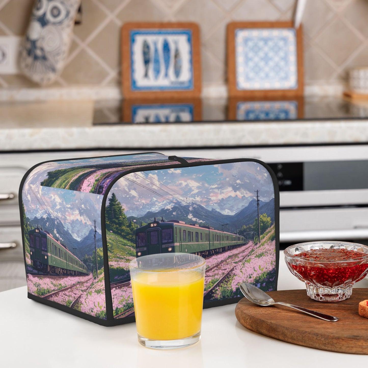 Scenic Train Landscape Toaster Cover for 4-Slice Toasters – Oxford Fabric Appliance Dust Cover with Vintage Mountain View – Waterproof, Oil-Resistant & Pet-Proof