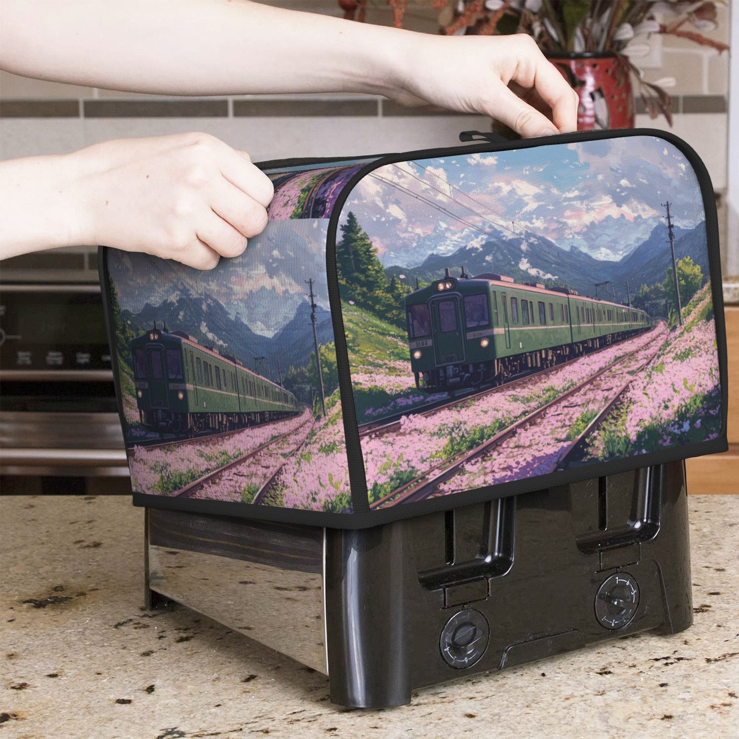 Scenic Train Landscape Toaster Cover for 4-Slice Toasters – Oxford Fabric Appliance Dust Cover with Vintage Mountain View – Waterproof, Oil-Resistant & Pet-Proof