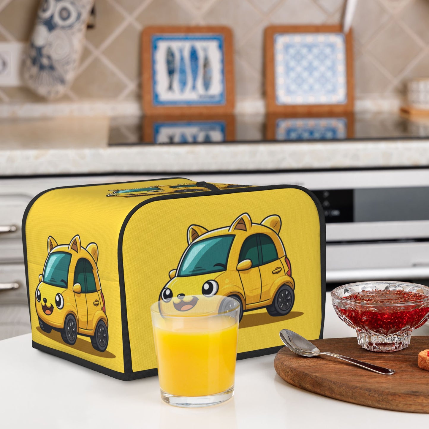 Cute Yellow Cartoon Car Toaster Cover – Oxford Cloth Dustproof Protector for 4-Slice Toasters – Fun Kitchen Decor for Kids & Families