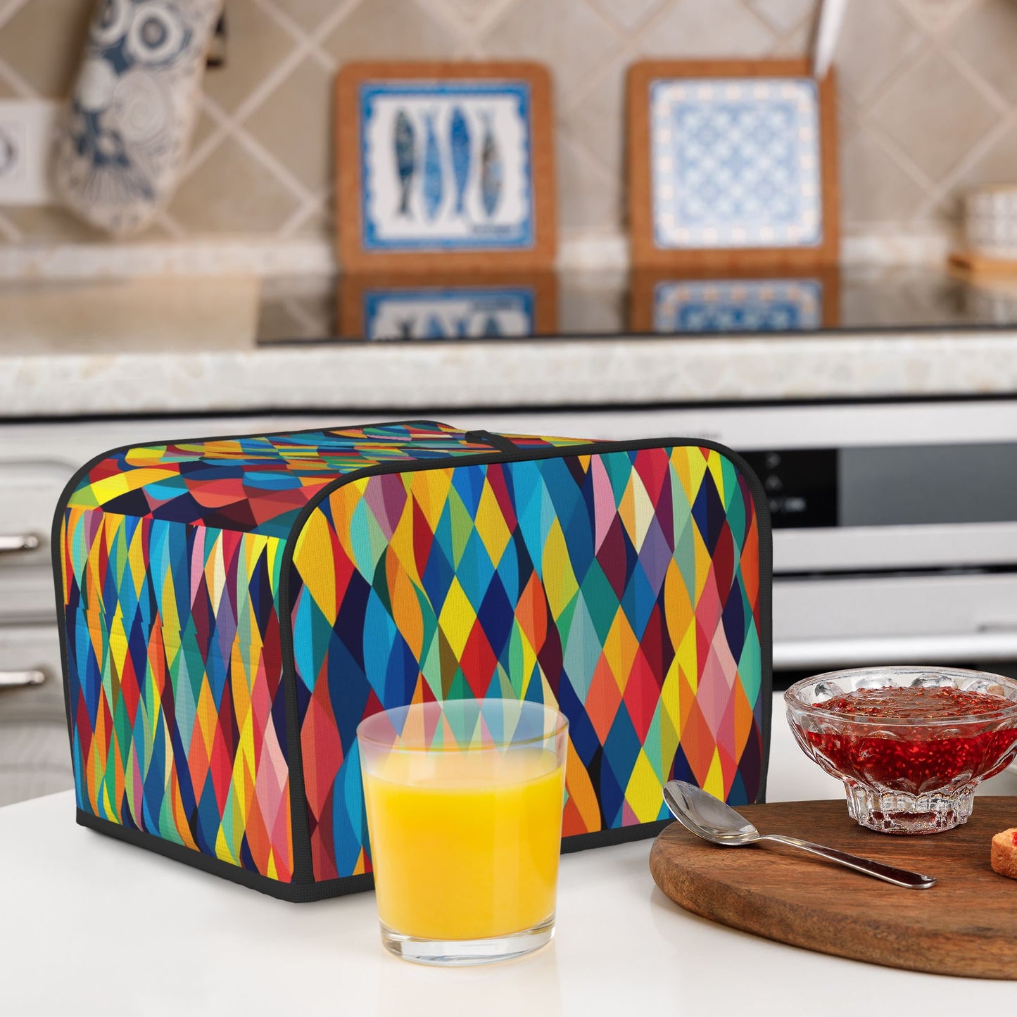 Colorful Geometric Pattern Toaster Cover – Oxford Cloth Dustproof Cover for 4-Slice Toaster – Bold Patchwork Modern Art Design