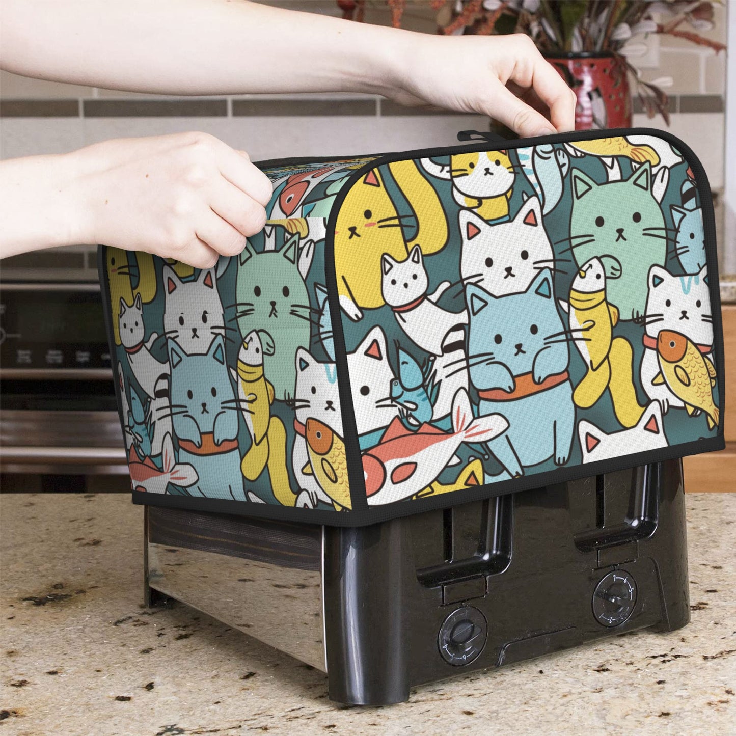 Cute Cat Print Toaster Cover – Dustproof Protective Cover for 4-Slice Toaster – Anti-Pet Scratch & Insect Shield – 31.5×27×21cm