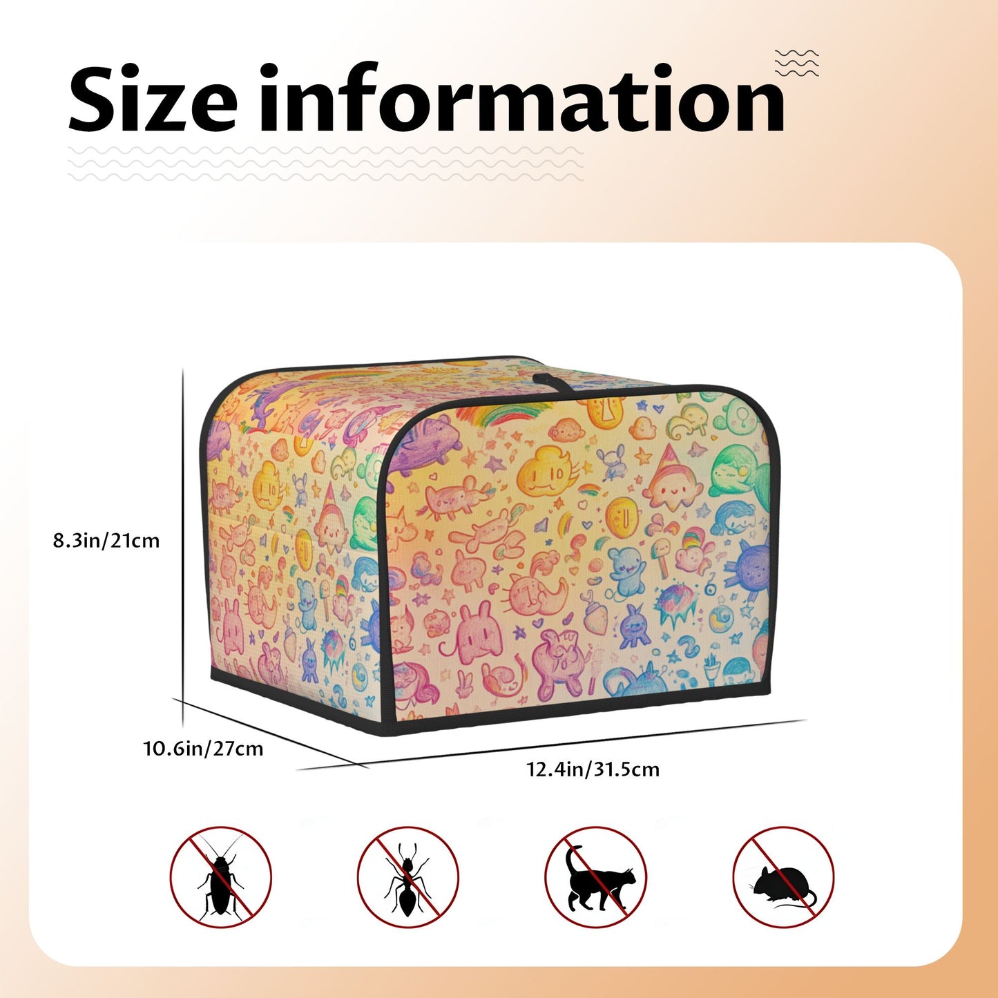 Rainbow Doodle Style Toaster Cover – Cute Cartoon Appliance Dust Cover for 4-Slice Toaster – Anti-Oil, Anti-Dust, Anti-Pet Hair, 31.5×27×21cm