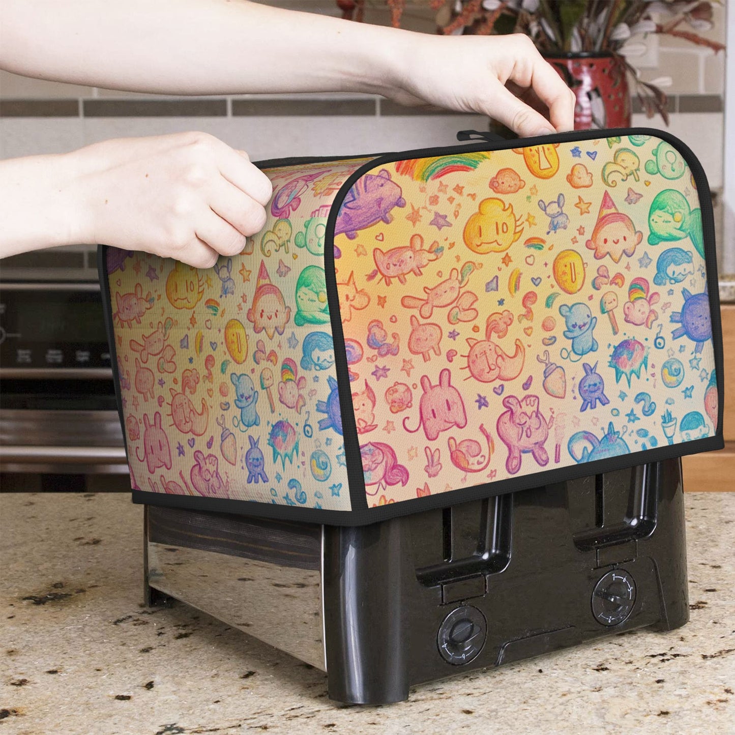 Rainbow Doodle Style Toaster Cover – Cute Cartoon Appliance Dust Cover for 4-Slice Toaster – Anti-Oil, Anti-Dust, Anti-Pet Hair, 31.5×27×21cm