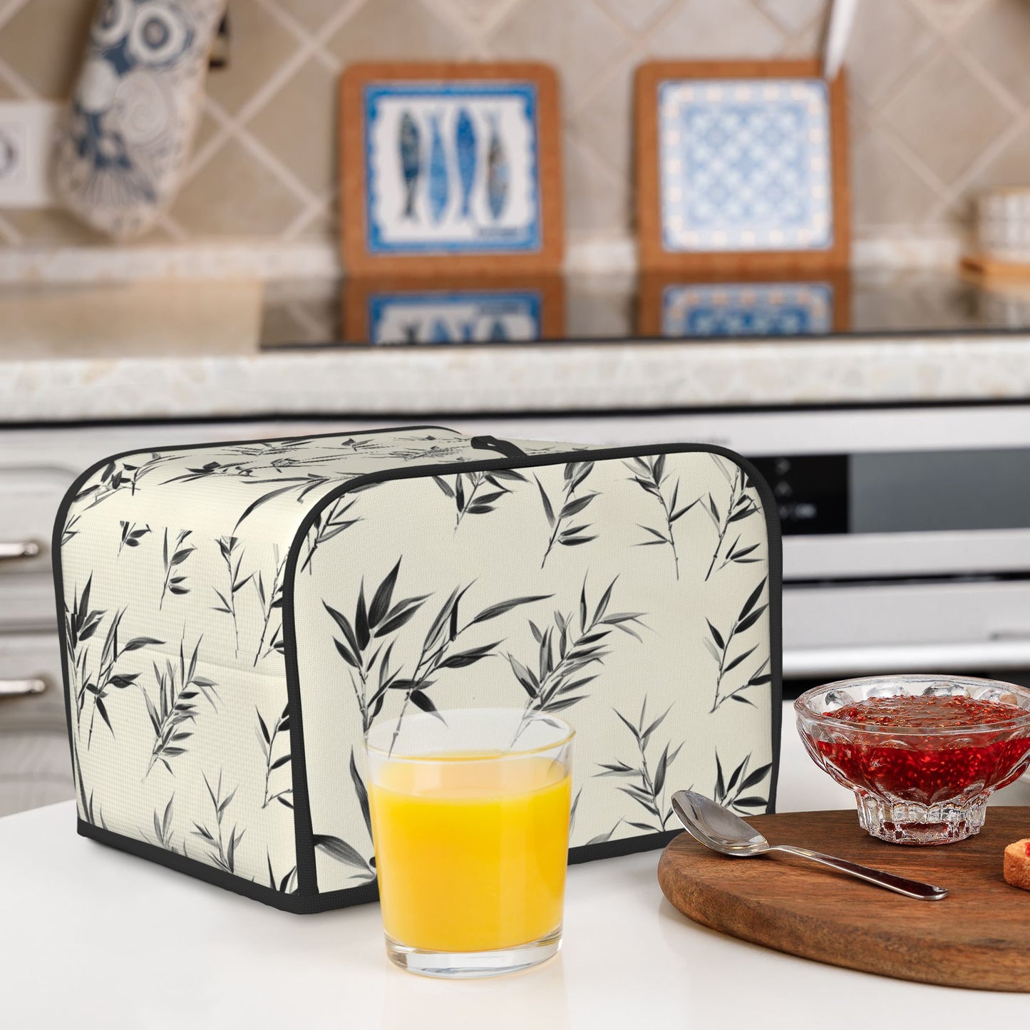 Ink-Style Bamboo Leaf Toaster Cover – 4-Slice Toaster Dust Cover – Elegant Asian Minimalist Appliance Protector – 31.5×27×21cm