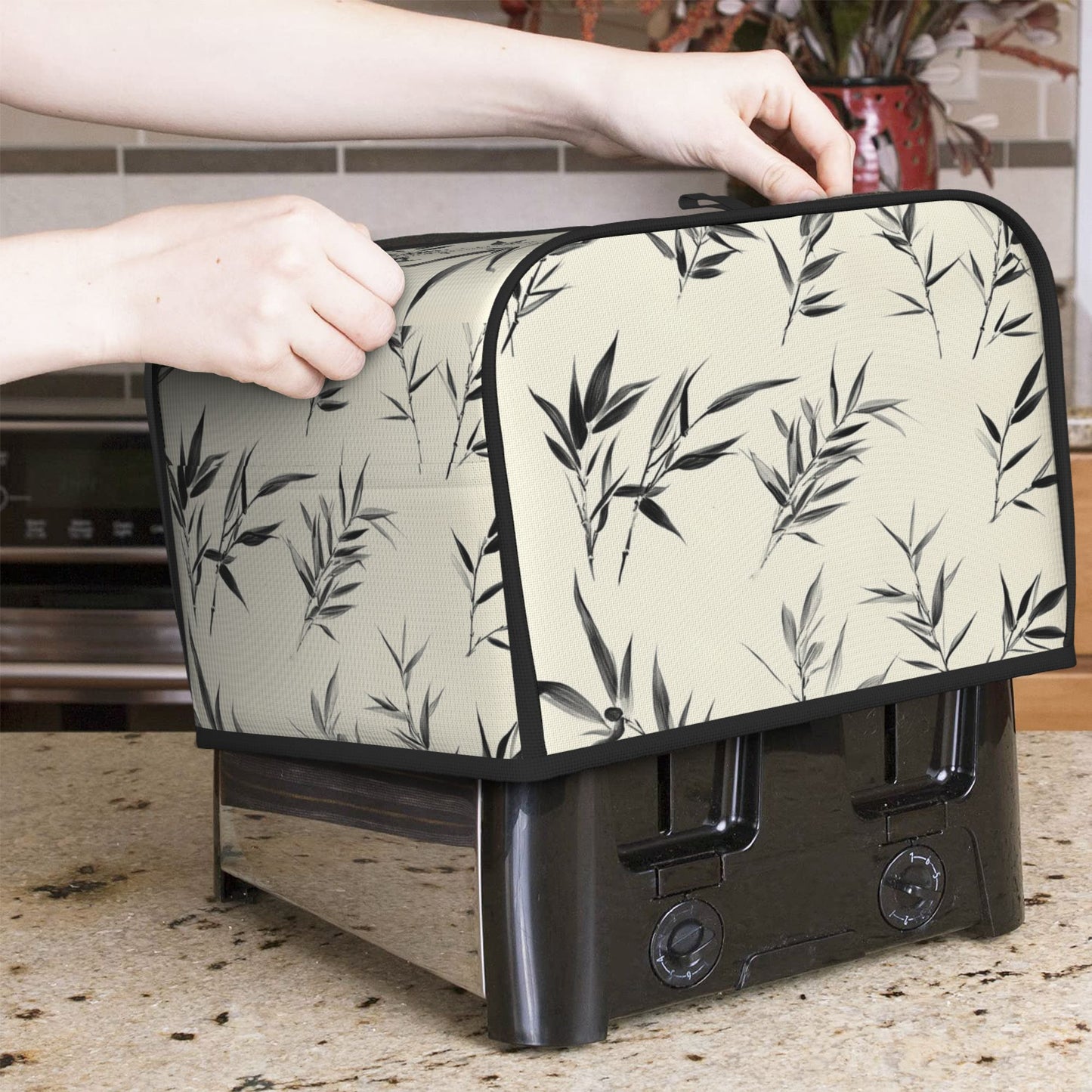 Ink-Style Bamboo Leaf Toaster Cover – 4-Slice Toaster Dust Cover – Elegant Asian Minimalist Appliance Protector – 31.5×27×21cm