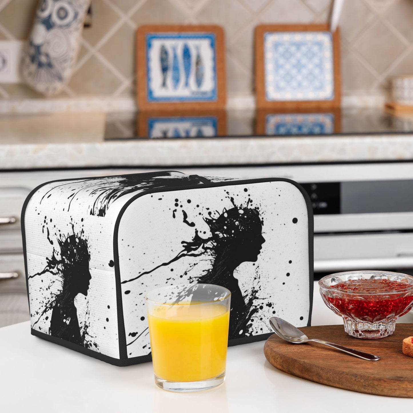 Abstract Silhouette Toaster Cover for 4-Slice Toasters – Artistic Black Ink Pattern Oxford Fabric Dust Cover, Waterproof & Pet-Proof Appliance Protector