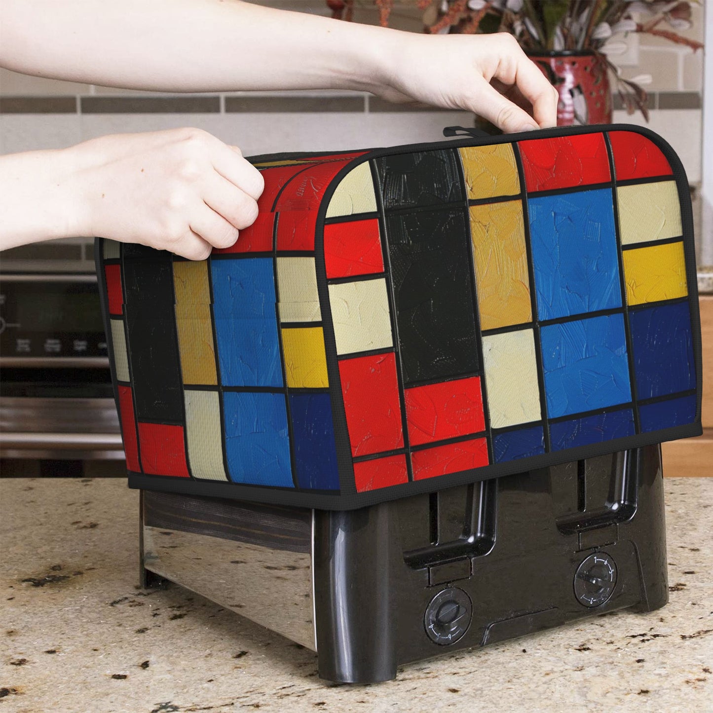 Modern Mondrian Style Toaster Cover for 4-Slice Toasters – Geometric Color Block Design – Oxford Cloth Appliance Dust Protector