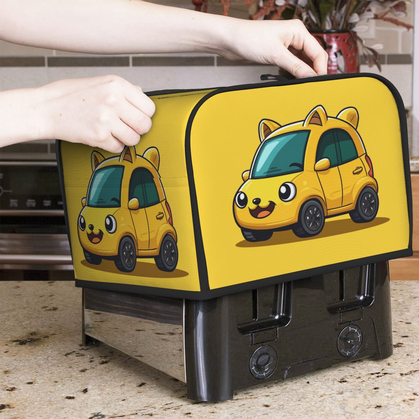 Cute Yellow Cartoon Car Toaster Cover – Oxford Cloth Dustproof Protector for 4-Slice Toasters – Fun Kitchen Decor for Kids & Families