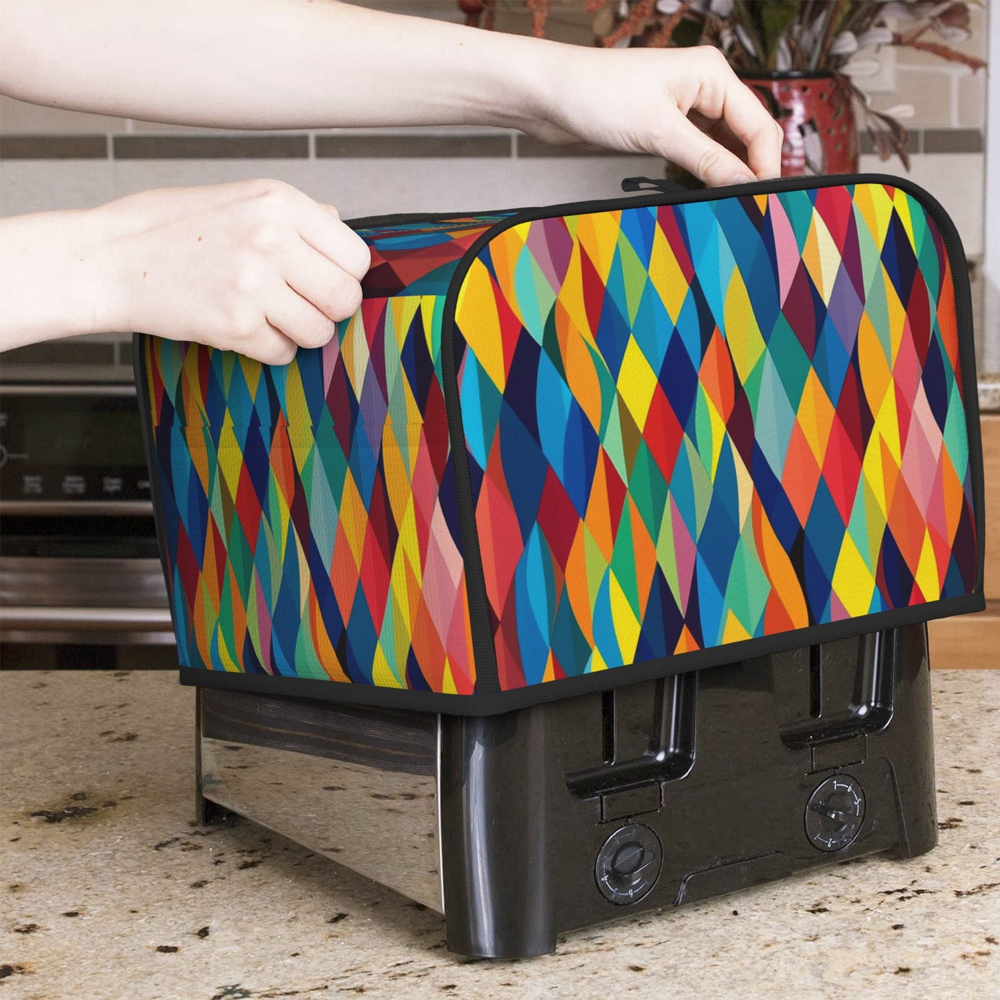 Colorful Geometric Pattern Toaster Cover – Oxford Cloth Dustproof Cover for 4-Slice Toaster – Bold Patchwork Modern Art Design